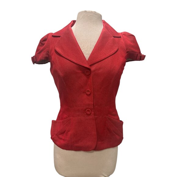 Claudia Angelazzi Red Tailored Short Sleeve Blazer Jacket Size 38 Linen Cotton - Picture 2 of 9